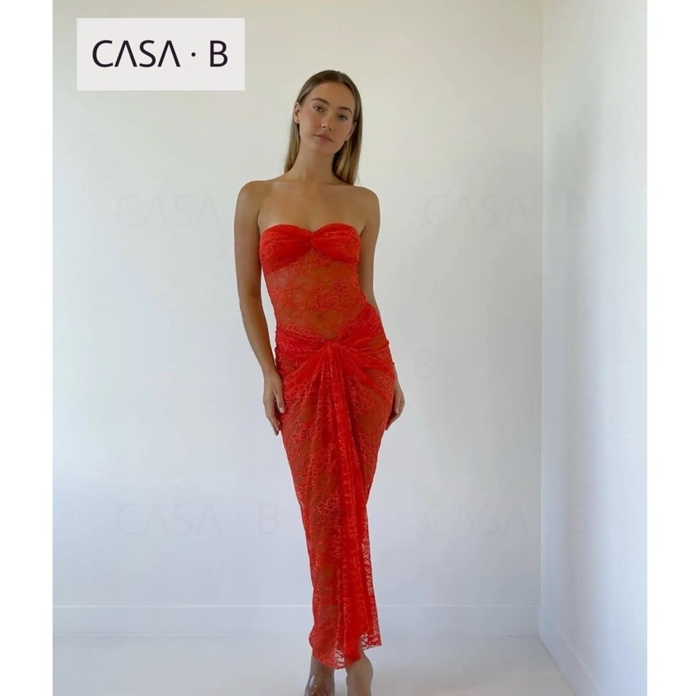 NEW to CASA B💫 Theresa Front-Twist Strapless Lace Maxi Dress-Tangerine orange - Picture 7 of 17